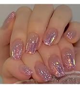 Press on Nails Medium Coffin MABKJLF French Fake Nails Pink Full Cover Glossy Glue on Nails Acryl...