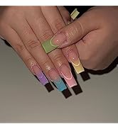 Press on Nails Long Square MABKJLF Summer French Tip Fake Nails Colorful Nail Tip Full Cover Fals...