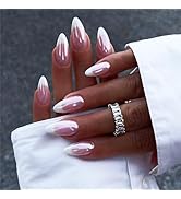 French Tips Press on Nails with Mirror Designs Glossy Plating Medium Almond Shape Fake/False Nail...