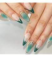 Green French Tips Press on Nails Gold Curve Line Medium Almond False Nails Stars Gel Glue on Nail...