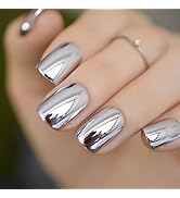 Coolnail Shiny Punk Style Metallic Light Purple False Fake Nails Metal Plating Acrylic Short Refl...