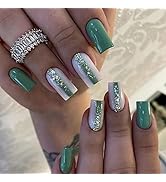 Green Fake Nails Square Press on Nails Medium Length False Nails with Green Stripe Sequins Design...