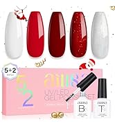 AILLSA Red Gel Polish Set White Glitter Burgundy Red Gel Nail Polish with Base and Top Coat, Chri...