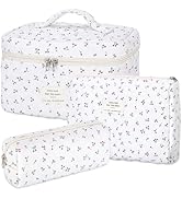 senbowe Floral Cherry Makeup Bag, 3 Pack Large Cotton Quilted Makeup Bag Set, Cute Floral Coquett...