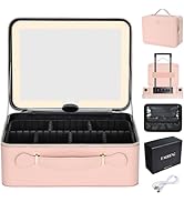 Faquenc Leather Makeup Case with LED Lighted Mirror 11.4 Inch Travel Makeup Bag Adjustable Bright...