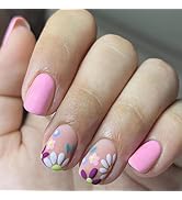 Short Pink Press on Nails Square Shape Fake Nails with Flower Designs Glossy Full Cover Stick on ...