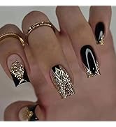 Black French Tip Press on Nails Medium Square Fake Nails Acrylic False Nails With Glitter Designs...