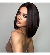 Allbell Brown Bob Wigs for Women Short Straight Synthetic Hair with Red Highlights Middle Part Wig