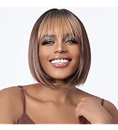 Allbell Bob Wigs for Black Women Short Brown Bob Wig with Blonde Bangs and Highlight Natural Look...