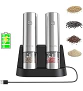 Salt and Pepper Grinder Set, Adjustable Coarseness, Battery Powered Rechargeable Pepper Grinder w...