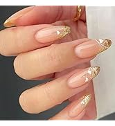 Medium Press on Nails Almond Golden Glitter French Tip False Nails with Designs Summer Acrylic Na...