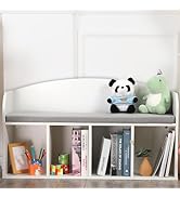 MOMCAYWEX Kids Bookshelf with Reading Nook, Toddler Bookshelf with Soft Grey Cushion, 4-Cube, White