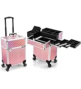Faquenc Rolling Makeup Case Extra Large Makeup Train Case 4 Tray with Sliding Rail Removable Laye...
