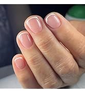 Short Square Press on Nails Petite French Tip Fake Nails Nude Full Cover False Nails with Nail Gl...