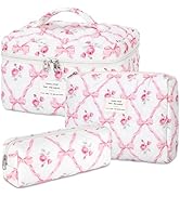 senbowe Floral Makeup Bag, 3 Pack Large Cotton Quilted Pink Bow Makeup Bag Set, Cute Floral Coque...