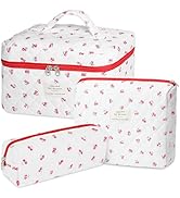 senbowe Floral Makeup Bag, 3 Pack Large Cotton Quilted Makeup Bag Set, Cute Floral Coquette Aesth...