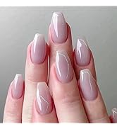 Press on Nails Medium Coffin MABKJLF Fake Nails Pink Full Cover Gradient False Nails with Nail Gl...