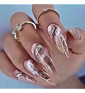 Fall Press on Nails Medium Stiletto MABKJLF Fake Nails Pink Marble Full Cover False Nails with Go...