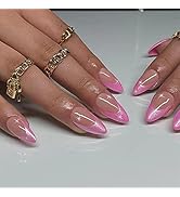 Press on Nails Medium Almond MABKJLF Pink French Tip Fake Nails Full Cover False Nails with Stars...