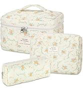 senbowe Floral Makeup Bag, 3 Pack Large Cotton Quilted Makeup Bag Set, Cute Floral Coquette Aesth...