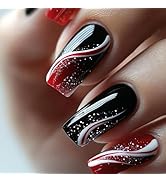 24Pcs Red Curve Line Press on Nails Black Gradient Acrylic Medium Square Fake Nail White Road Gel...