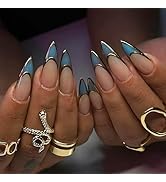 Gold 3D French Tips Press on Nails Blue Gradient False Nails 3D Gold Curve Line Gel Glue on Nails...