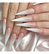 Press on Nails Long Stiletto MABKJLF French Fake Nails White Gradient Full Cover Glue on Nails Gl...