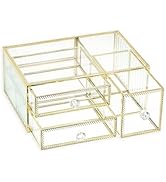 Nicole Miller Glass Makeup Organizer with Rotating Design, Golden Accents, and Multiple Sections ...