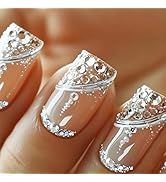 Silver Curve Line Press on Nails 24Pcs Rhinestones Stick on Nails Crystal Acrylic Short Square Fa...
