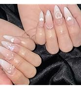 Nude Pink Press on Nails Medium Almond RIICFDD Gradient Fake Nails with Cute Bear Charm Heart-Sha...