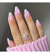 Pink Press on Nails Short Almond MABKJLF Fake Nails Light Pink Full Cover 5D Bow Charm False Nail...