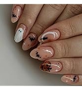 24 Pcs Halloween Almond Press on Nails Short Nail Tips,YEFIUO Acrylic Nail Kit Fake Nails Press o...