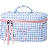 senbowe Large Quilted Makeup Bag, Cotton Quilted Floral Cosmetic Bag for Women, Cute Floral Coque...