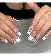 Long Square French Tip Press on Nails with Diamond Cherry Bow Pearl Design Fake Nails Convenient ...
