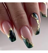 Medium Length Fake Nails Coffin Press on Nails Pink Acrylic with Emerald Green Gold Trimmed Glitt...