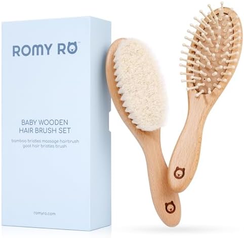 ROMY RO Wooden Hair Brush Set - Premium Brushes with Soft Natural Bristles - Organic Products - Perfect Registry Gift - Cradle Cap Brush for Newborns & Toddlers