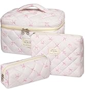 senbowe Floral Makeup Bag, 3 Pack Large Cotton Quilted Makeup Bag Set, Cute Floral Coquette Aesth...