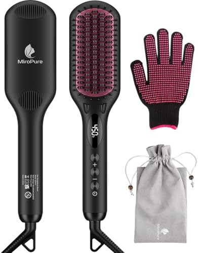 Enhanced Ceramic Hair Straightener Brush by MiroPure, 2-in-1 Ionic Straightening Brush with Anti-Scald Feature, Auto Temperature Lock & Auto-Off Function (Black)