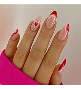 Valentines Press on Nails Medium Almond French Tip Fake Nails Nude Full Cover Red Pink Heart Fals...
