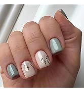 24 Pcs Press on Nails Short Square Fake Nails Elegant Lake Green False Nail Tips with Leaf Design...