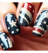 24Pcs 4th of July Press on Nails Independence Day Acrylic Medium Square Fake Nail Glossy Silver G...