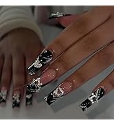 Valentines Press on Nails Long Square Black French Tip Fake Nails Pink Full Cover Heart Star Rhin...