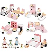 Wooden Dollhouse Furniture Set with 4 Family Dolls, 36 Pcs Sanlebi Doll House Accessories and Fur...