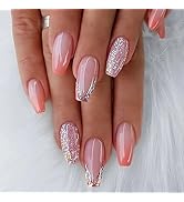 Pink Press on Nails Medium Coffin MABKJLF French Tip Fake Nails Gradient Full Cover Glue on Nails...