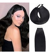 Anrosa Tape in Hair Extensions 16 Inch Double Sided Tape in Jet Balck Color Seamless PU Remy Hair...
