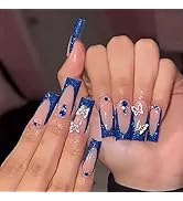 Press on Nails Long Coffin MABKJLF Blue French Tip Fake Nails Full Cover False Nails with Butterf...