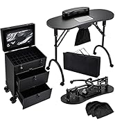 Faquenc Rolling Makeup Train Case With 2 Extra Large Drawers, Nail Organizer, Foldable Table With...