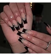 Black French Tip Press on Nails Long Square Fake Nails, 24 Pcs Long Square Acrylic Nails with Rhi...