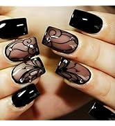 Black Curve Line Press on Nails with Dark Vine Design, Glossy Black Ins Medium Square False Nails...