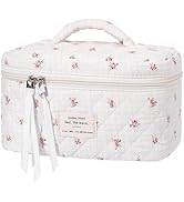 senbowe Large Quilted Makeup Bag, Cotton Quilted Floral Cosmetic Bag for Women, Cute Floral Coque...